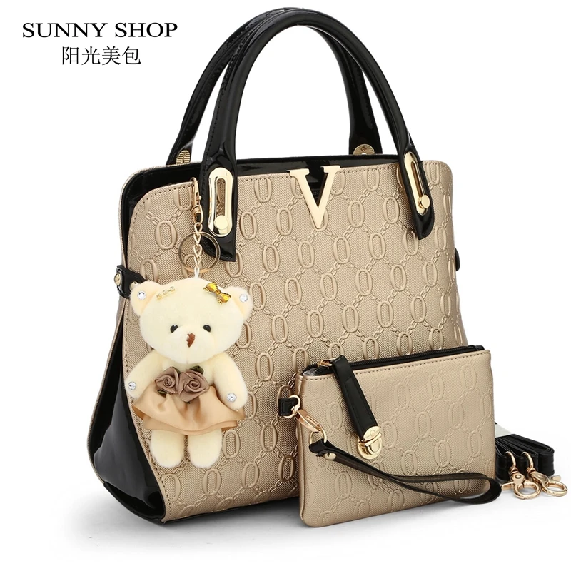 SUNNY SHOP 2 Bags/set With bear toy Casual Embossed Handbag Designer Handbag High Quality Women Messenger Bags Shoulder Bags