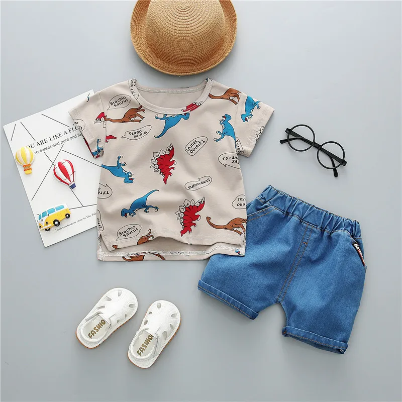 

boy clothing set dinosaur dots short sleeve o-neck cotton vest+jean shorts summer children clothes boys suits kids sports sets