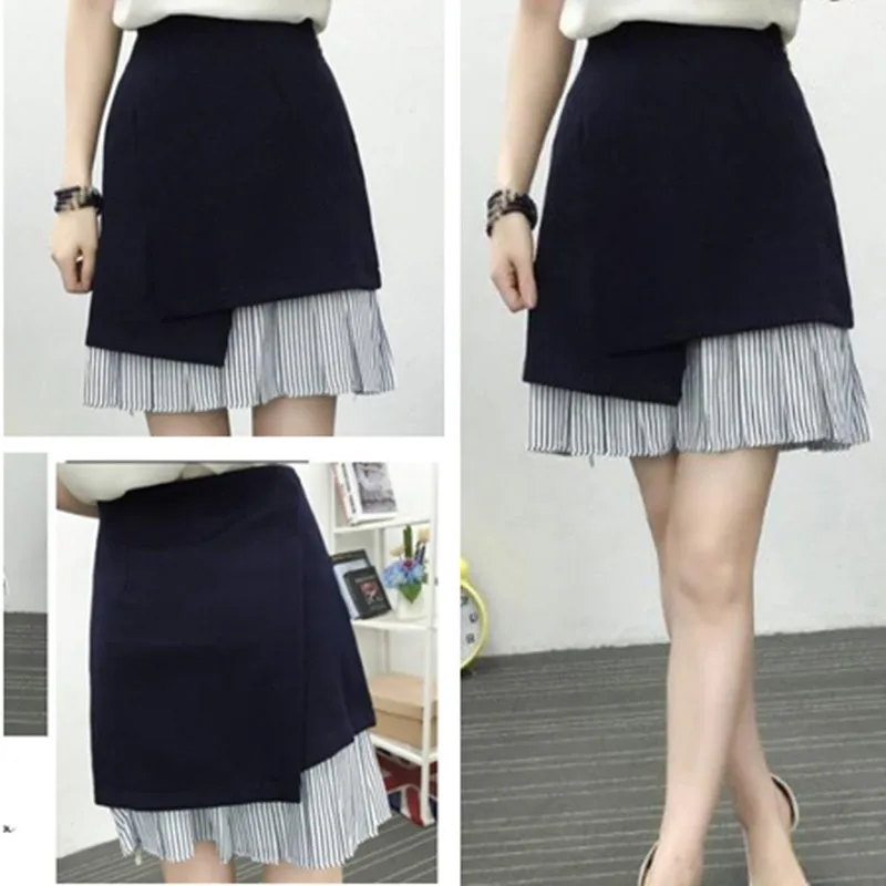 Faldas Mujer Топ из искусственного полиэстера None Saia лето новые женские повседневные Лоскутные Плиссированные Выше Колена, мини-юбка в стиле ампир