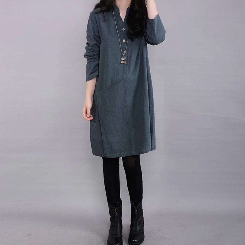 Cotton Linen Women's Long Sleeve Dress Ladies Solid Casual Loose Party Dress New