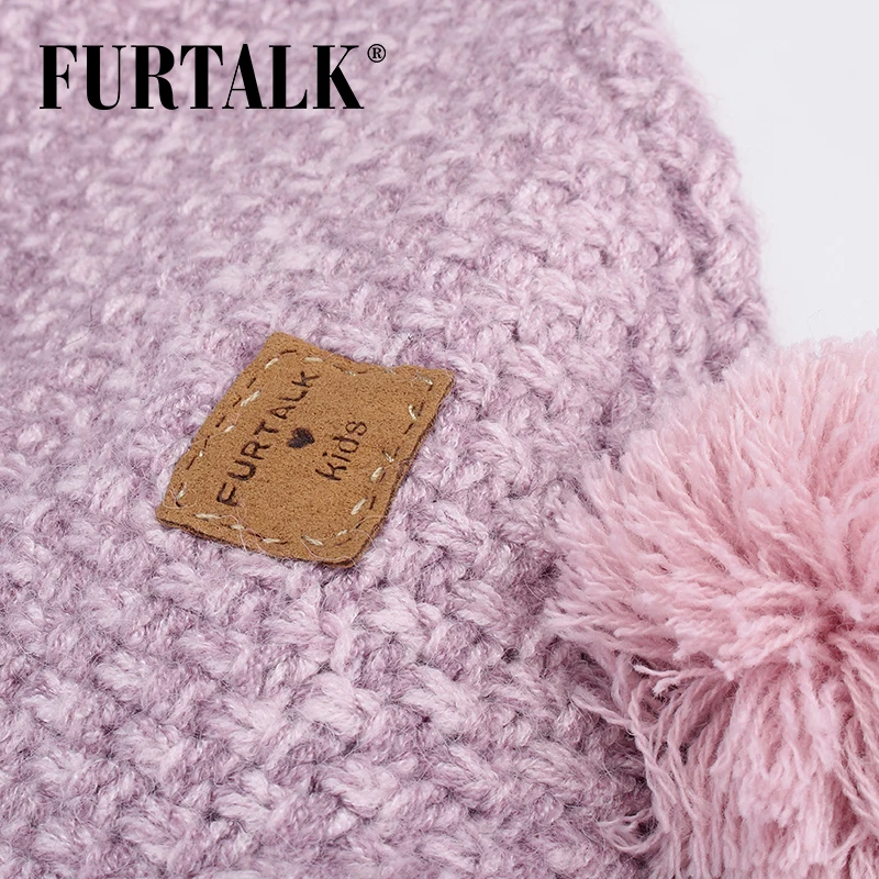 FURTALK Шерстяная Зимняя Детская Шапка и Шарф для Девочики с Помпоном Ушанка