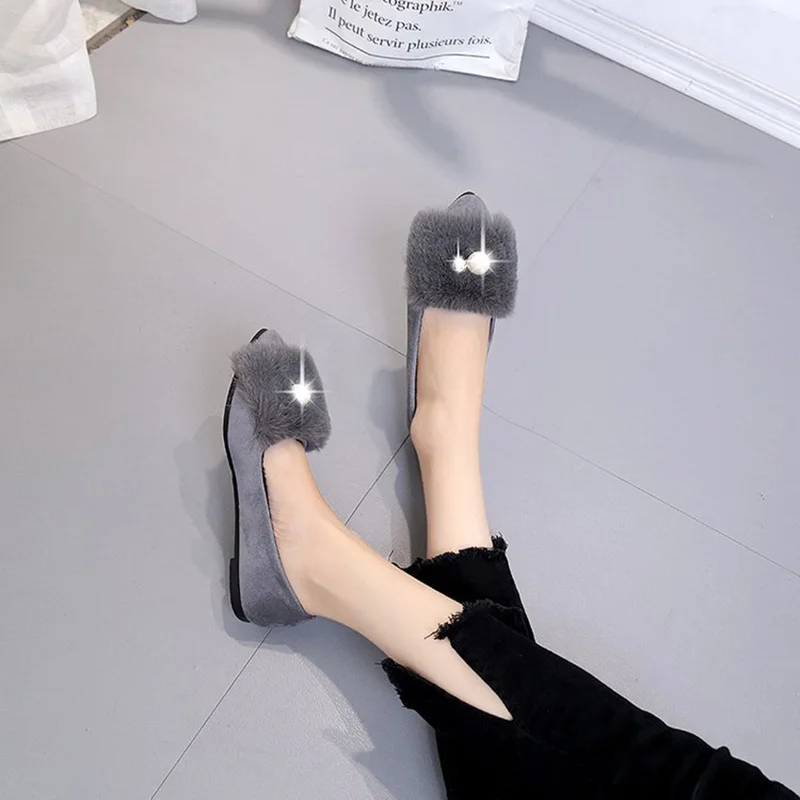 2019 Spring Autumn Cute Crystal Flats Bride Black Shoes Solid Color Pointed Toe Slip On Rubber Female Footwear With Pearl Decor