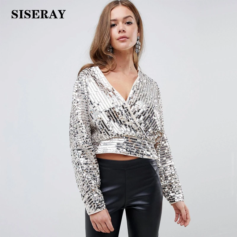 2018 elegantes blusas de lentejuelas plateadas con cuello en V manga larga con cremallera lateral para mujer blusas y blusas de fiesta brillantes de Color sólido|Blusas y camisas| - AliExpress