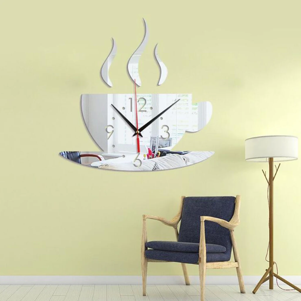 3D DIY Sticker Wall Clock, Mirror Effect Coffee Cup Shaped Large DIY Wall Clock for Living Room Bedroom Office, Easy to Install