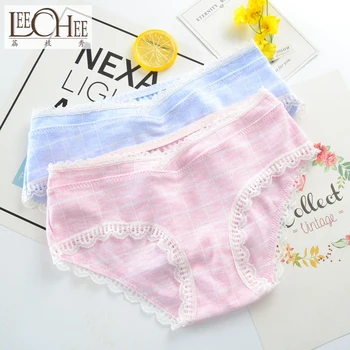 

Japanese Girl Pure Cotton Cross-waist Fresh Lattice Underwear Ladies Pure Cotton Triangle Pants LEECHEE JF3015