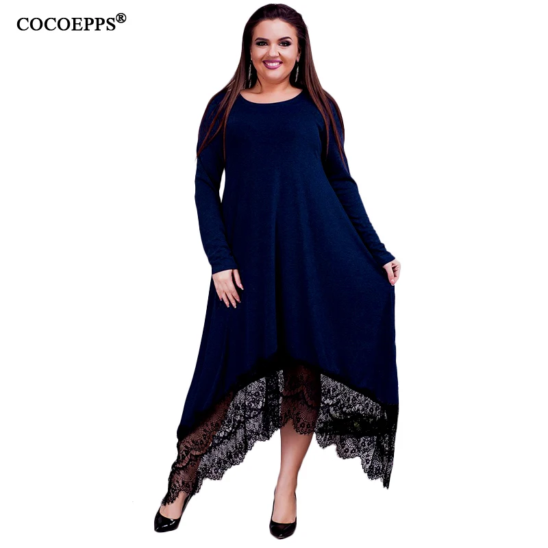 COCOEPPS 5XL 6XL осенне-зимнее Свободное длинное платье макси размера плюс, кружевные платья нестандартного большого размера, халат, новое повседневное женское платье