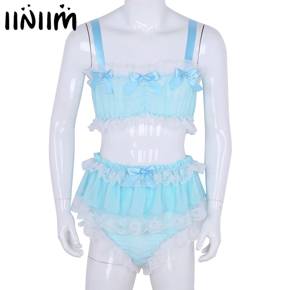 ranrann Mens 2 Pcs Shiny Ruffled Sissy Nightwear Pajamas Set Crop Bra Top with Skirted Panties