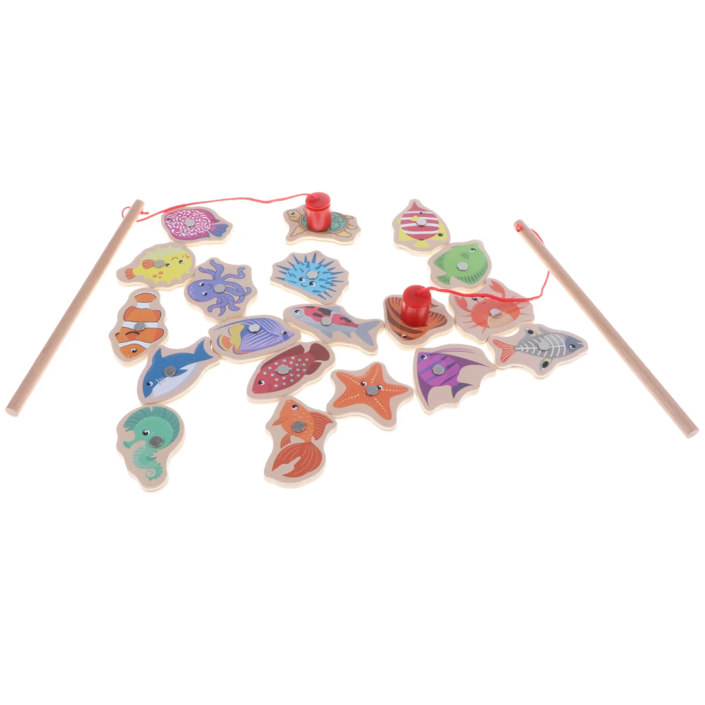 3 in One Magnetic Fishing Game Toy, 20 Wooden Fish Animal Model & 2 poles with Ocean Jigsaw Puzzle Board Educational Pretend Toy