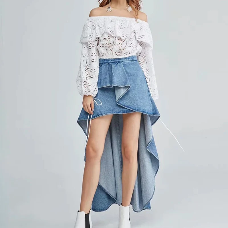 

2019 Spring Summer Skirt Jeans Women Lattice Lotus Leaf Edge Tie Medium Long Style Sexy Fashionable Clear Lady Skirt