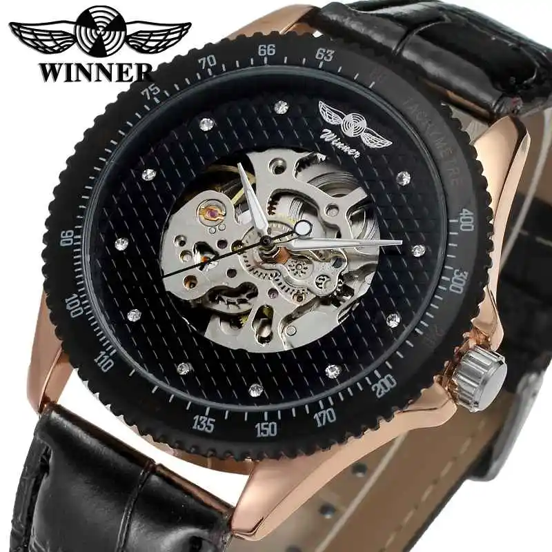 

WINNER Business Royal Men Automatic Mechanical Watch Leather Strap Crystal Diamond Decoration Luxury Design Male Wristwatch