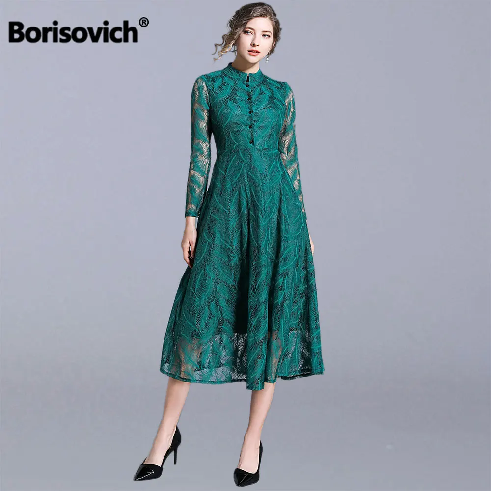 

Borisovich Women Vintage Lace Long Dress New Brand 2019 Fashion Big Swing A-line Luxury Ladies Elegant Party Dresses N1367