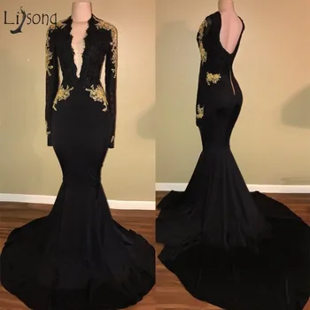 

Sexy Black Long Mermaid Evening Dresses 2018 Lace Appliques Full Sleeves Evening Gowns Deep V-neck Vestido De Festa Longo