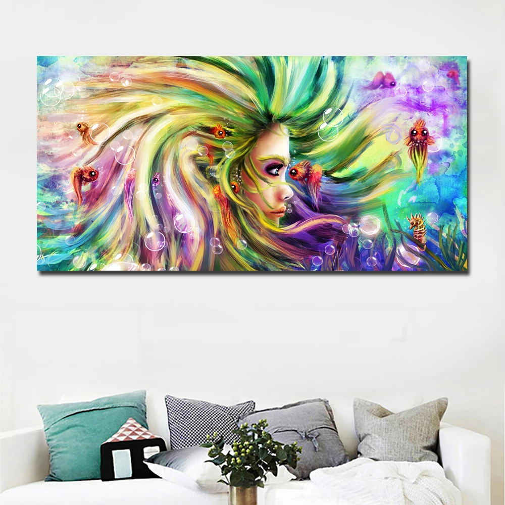 

SELFLESSLY Watercolor Canvas Painting Mermaid Wall Art Pictures Canvas Printed For Living Room Beautiful Girl Decor Art No Frame