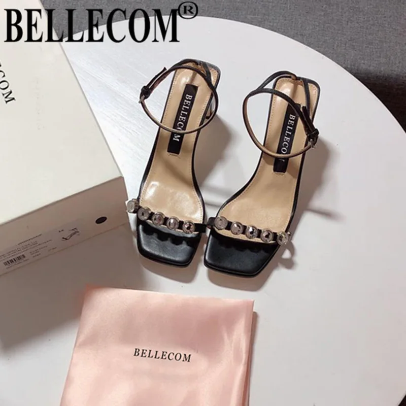 

BELLECOM Summer joker diamond sheepskin word with sandals women coarse with joker fire fairy high heel fairy toe shoes
