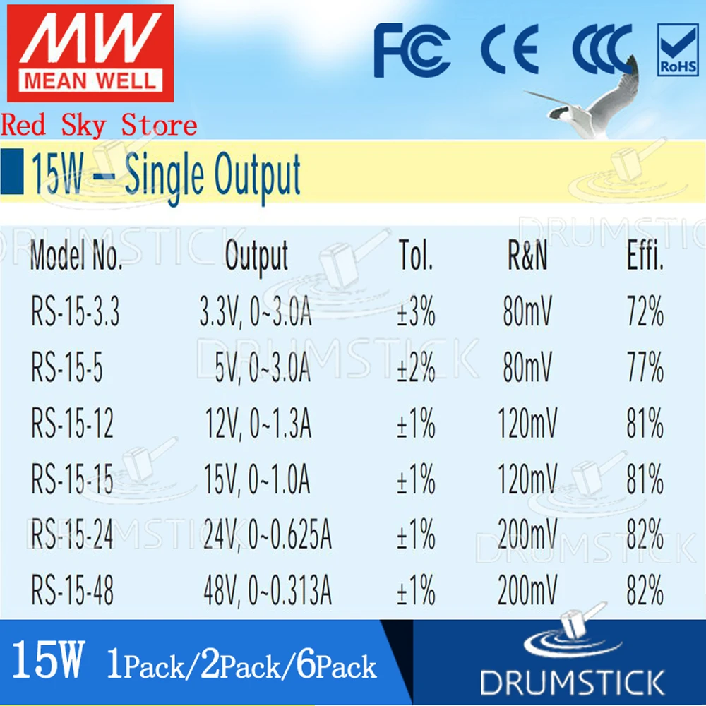 (3 28) Meanwell 15 Вт источник питания RS 12V/3 3/5/15/24/48 0 313/0.625A 1/1.3/3A DC Замена NES APV светодиодный