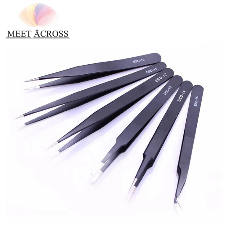 

MEET ACROSS 6 Style Curved Straight Tweezers Black Clipper Stainless Steel Picker Nipper Nail Art Decoration Manicure Tools