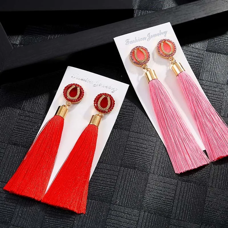 IMG_4033 Trendy Earrings Drop Earrings SilkAlloyDangleLongBohemianBlueOrangeMetalBohoGold Tassel Earrings For Women Jewelry