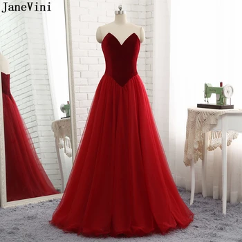 

JaneVini Simple Burgundy Tulle Long Bridesmaid Dresses Strapless Velvet A Line Wedding Party Gowns Floor Length Vestido Longo