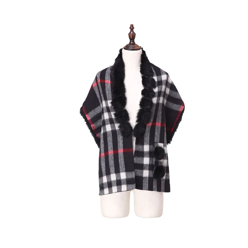 

ZY87036 2016 New Special Design Fashion Women Autumn Winter Geometric Scarf Wool With Rabbit Collar Luxury Wraps Poncho