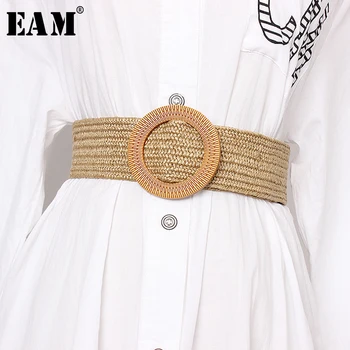 

[EAM] 2020 New Spring Summer Knitted Buckle Split Joint Striped Personality Long Wide Belt Women Fashion Tide All-match JX473