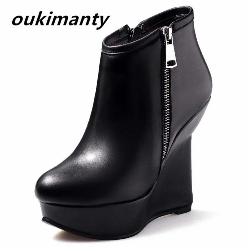 

12cm Wedge Heels Genuine Leather Autumn Woman Ankle Boots Rivets Sexy Women Boots High Heels Women Shoes Motorcycle #Y0630528F