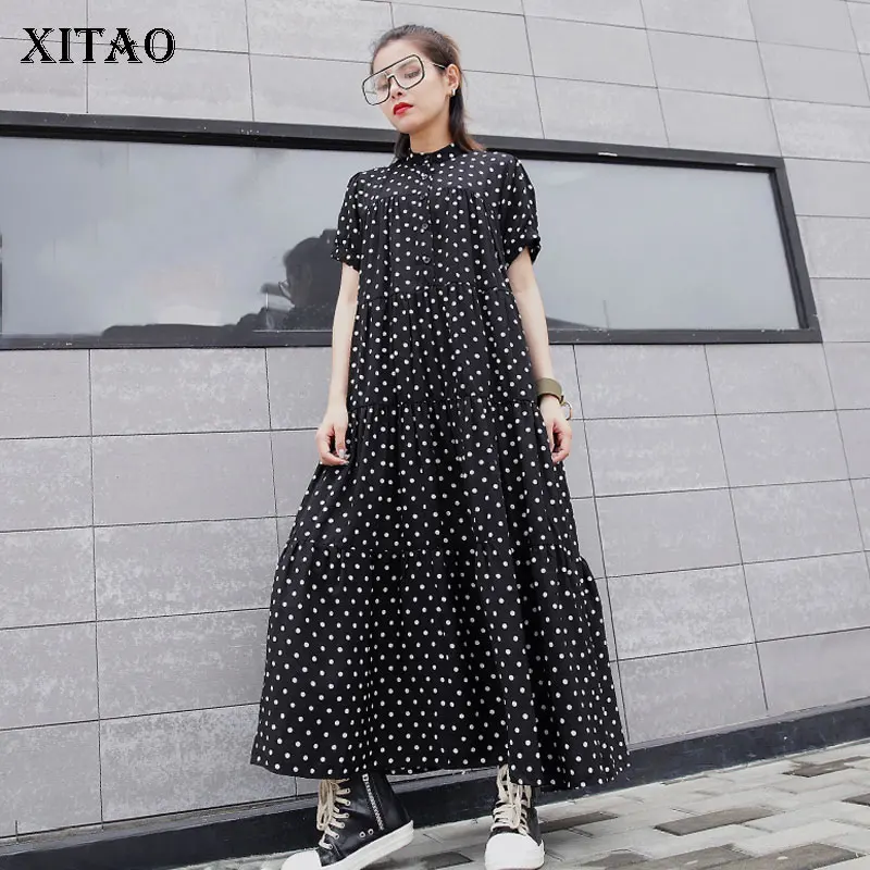 

XITAO Simple Elegant Polka Dot Print Maxi Dress Pleated Patchwork Europe Stand Collar Short Sleeve Women Clothes 2019 ZQ1149