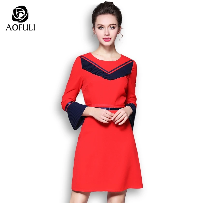 

size M-L-XL Blue Ruffles 3/4 Flare Sleeves Women Red Dress Elegant Office Lady Plus Size Dress For spring AOFULI 9019