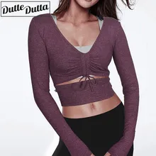 Спортивные V образным вырезом укороченный топ топы спортивные для Для женщин длинный рукав, для йоги рубашки шнурок Вязаный комбинезон с круглым вырезом Спортивная футболка спортивная одежда