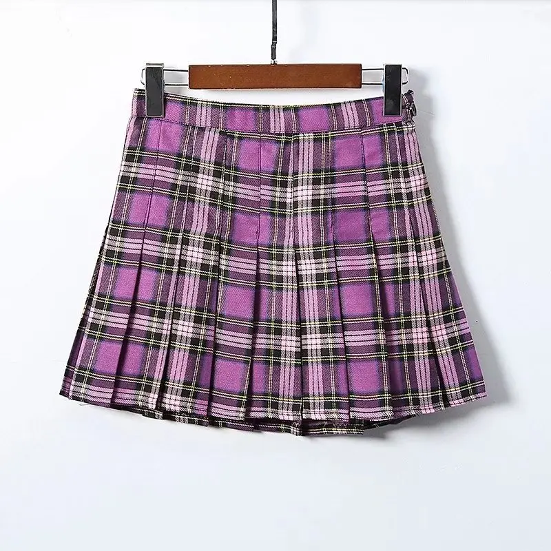 Новые женские летние мини юбки Harajuku милые юбки 3 вида цветов фиолетовые золотые клетчатые Ретро плиссированные юбки XS-XL#5117 - Цвет: 01