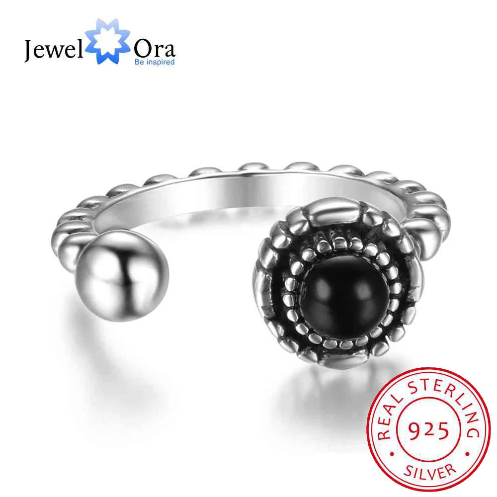 

New Women Real 925 Sterling Silver Ring Bead Opening with Black Simulated Pearl Shape Vintage Style Jewelry JewelOra RI102705