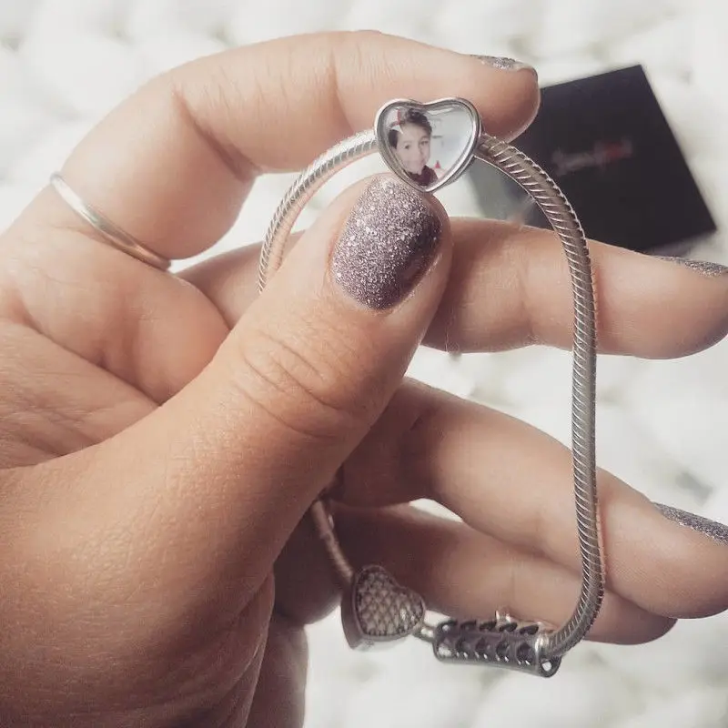 

Black Leather Bracelet With Pave CZ Heart Photo Charm Silver Personalized Custom Design Print on Demand Dropshipping Shopify