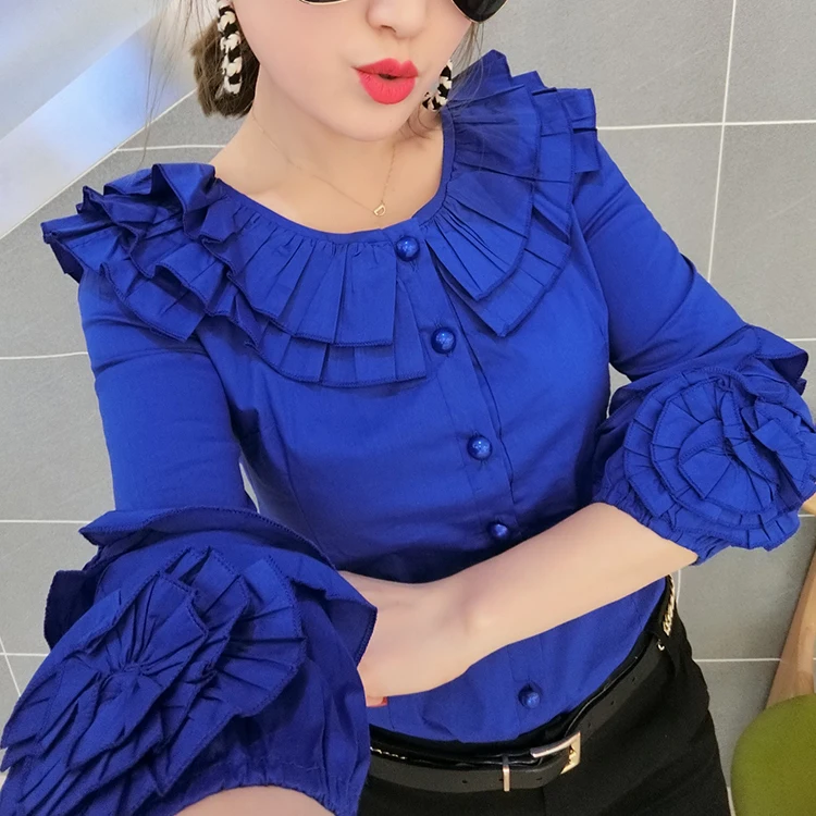 

2018 autumn new fashion blouse women lantern sleeved slim solid color sweet tops ruffled cotton bottoming shirt plus size 3XL
