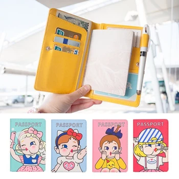 

Lanzon Cute Printed Passport Covers Cartoon Women Credit Card Holders Fashion Lollipop girl Pattern Leather Purse Hasp Wallet