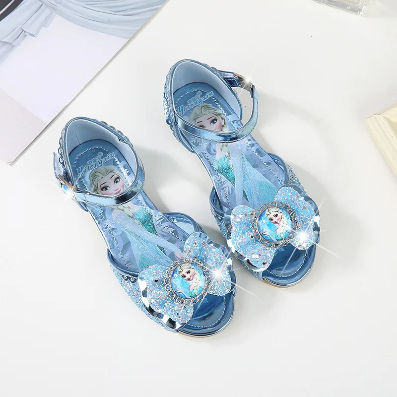 Новые модные сандалии с дизайном «Эльза» для девочек, обувь принцессы высокого качества на низком каблуке, мягкая летняя обувь для маленьких девочек, Снежная королева