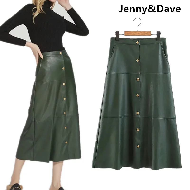 Jenny & Dave skit для женщин harajuku faldas mujer moda Англия Стиль однобортный искусственная кожа Твердые миди feminino юбка 1215