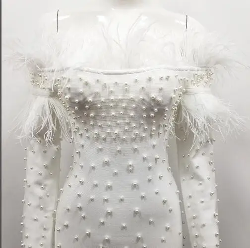 Slash шеи белое Бандажное платье высокого качества модные сексуальные перья с длинным рукавом Ночной клуб бисером вечерняя одежда для вечеринок