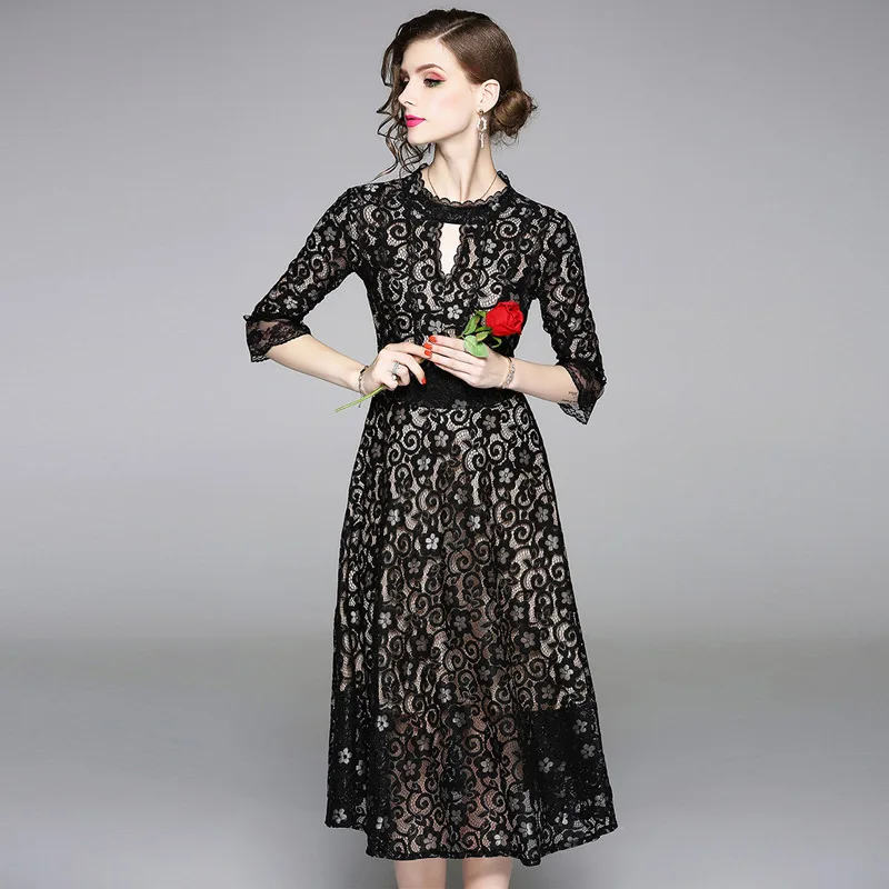 

Springf and Autumn Fashion New Openwork Lace Dress Black Round Neck Embroidered Dress