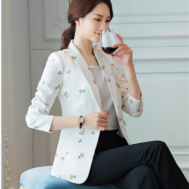 

2019 New Arrival Women Floral Print Slim White Blazers Spring Summer Casual Single Button Thin Overcoats