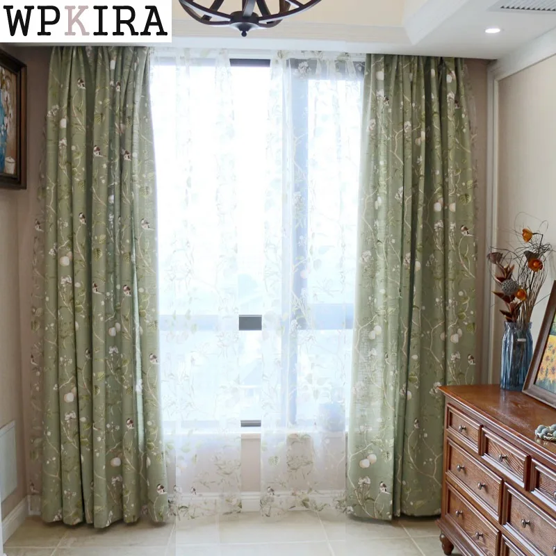 

American Country Garden Cotton Linen Green Window Curtains For Living Room Birds Printed Bedroom Window Blackout Drapes 145&30