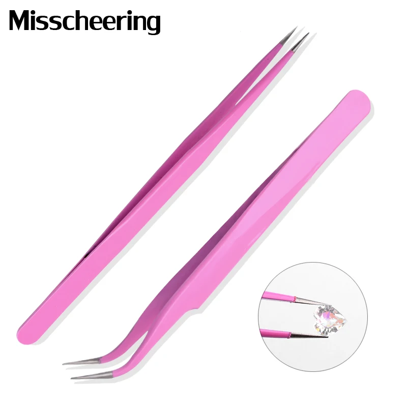 

1Pcs Pro Curved Straight Stainless Steel Tweezer For Eyelash Extensions Nail Art Rhinestones Picker Pink Nipper Makeup Tool Kits