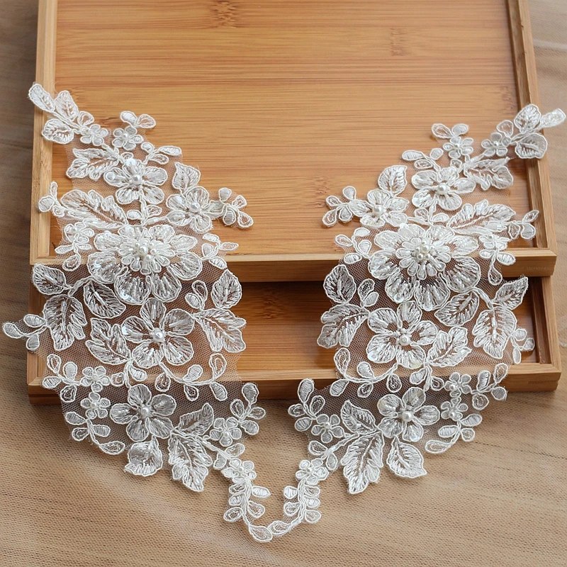 

Ivory Alencon Lace Applique Beaded Sequined Patch For Wedding Supplies Bridal Hair Flower Headpiece 1 pair