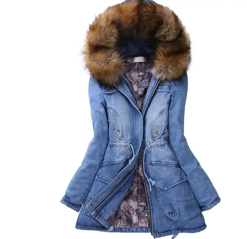 

New Winter Coat Women Denim Jackets Big Faux Fur Hooded Thick Warm Outwear Casual Long Cotton Padded Women Jeans Parkas Denim