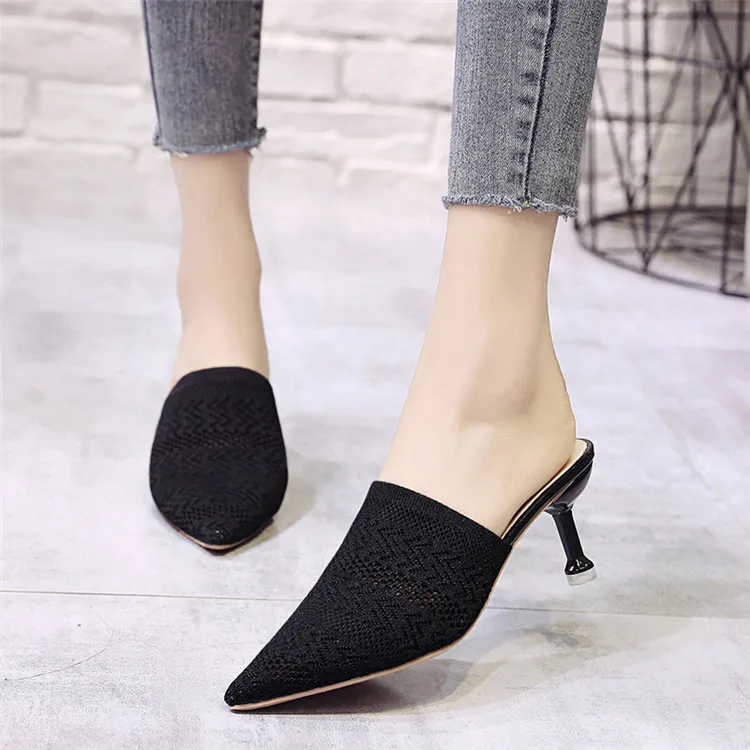 Summer Pointed Toe Women Sandals High Heels Yellow Fashion Slip On Mules Hollow Fabric Slides Thin Heels Slipper Sandalias Mujer