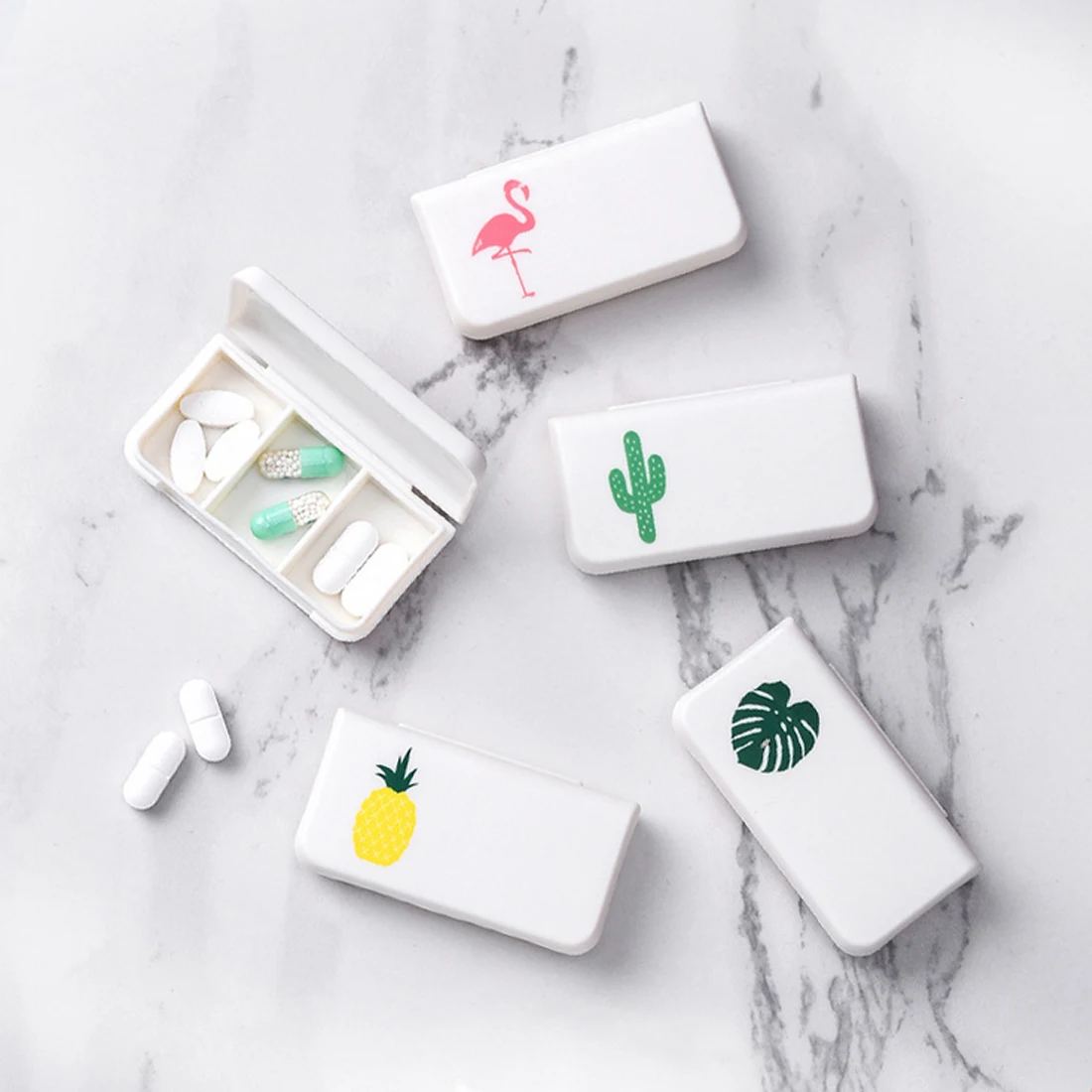 

3 Grids Portable Pill cutter Splitters White Creativity Monstera Cactus figure Medicines Box pill case Container for Medicines