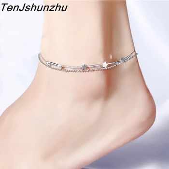 

Drop Shipping 925 Sterling Silver Prevent Allergy Jewelry 2 layers Multi-Rows Beads & Star Anklet Bracelet SL276