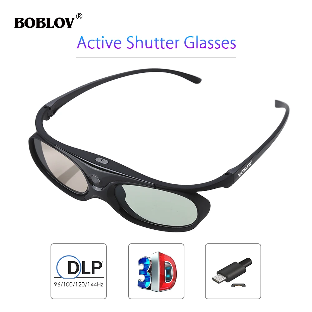 BOBLOV JX-30 3D Active Shutter Glasses DLP-Link 96Hz/144Hz USB Rechargeable Home Theater Black For BenQ Dell Acer 3D Projector