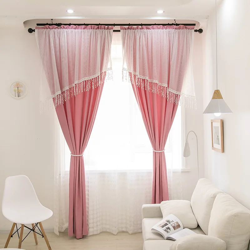 

European Stitching Curtains for Bedroom Cute Princess Curtains for Living Room Window Flannelette Lace Girl Curtains