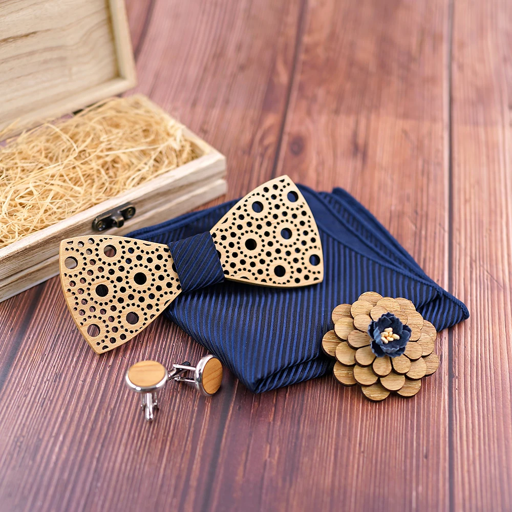 Деревянные галстуки-бабочки из полой древесины с носовым платком запонки для мужчин Набор рождественских подарков нового дизайна