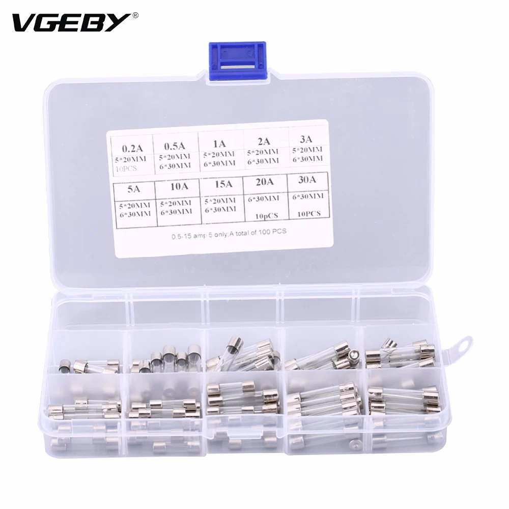 100Pcs 5*20mm 6*30mm Assortment Car Glass Fuse Tube Kit 0.2A 0.5A 1A 2A 3A 5A 10A 15A 20A 30A