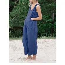 2019 Summer Women Sleeveless Jumpsuit Casual Solid Cotton Linen Rompers Loose Plus Size Wide Leg Jumpsuits plus size plain loose wide legs jumpsuit